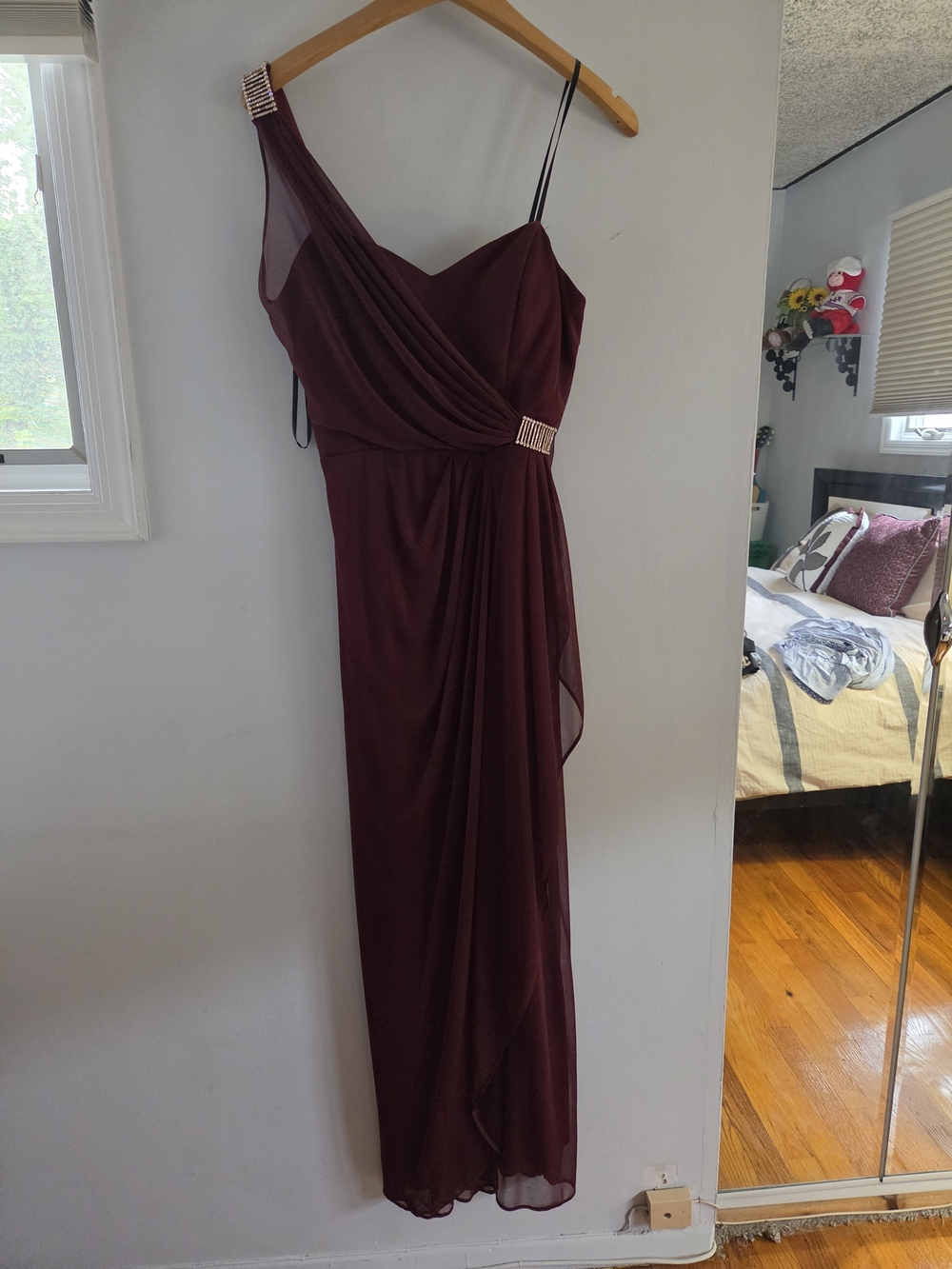 Adrianna Papell One-Shoulder Burgundy Evening Gown with Crystal Accents